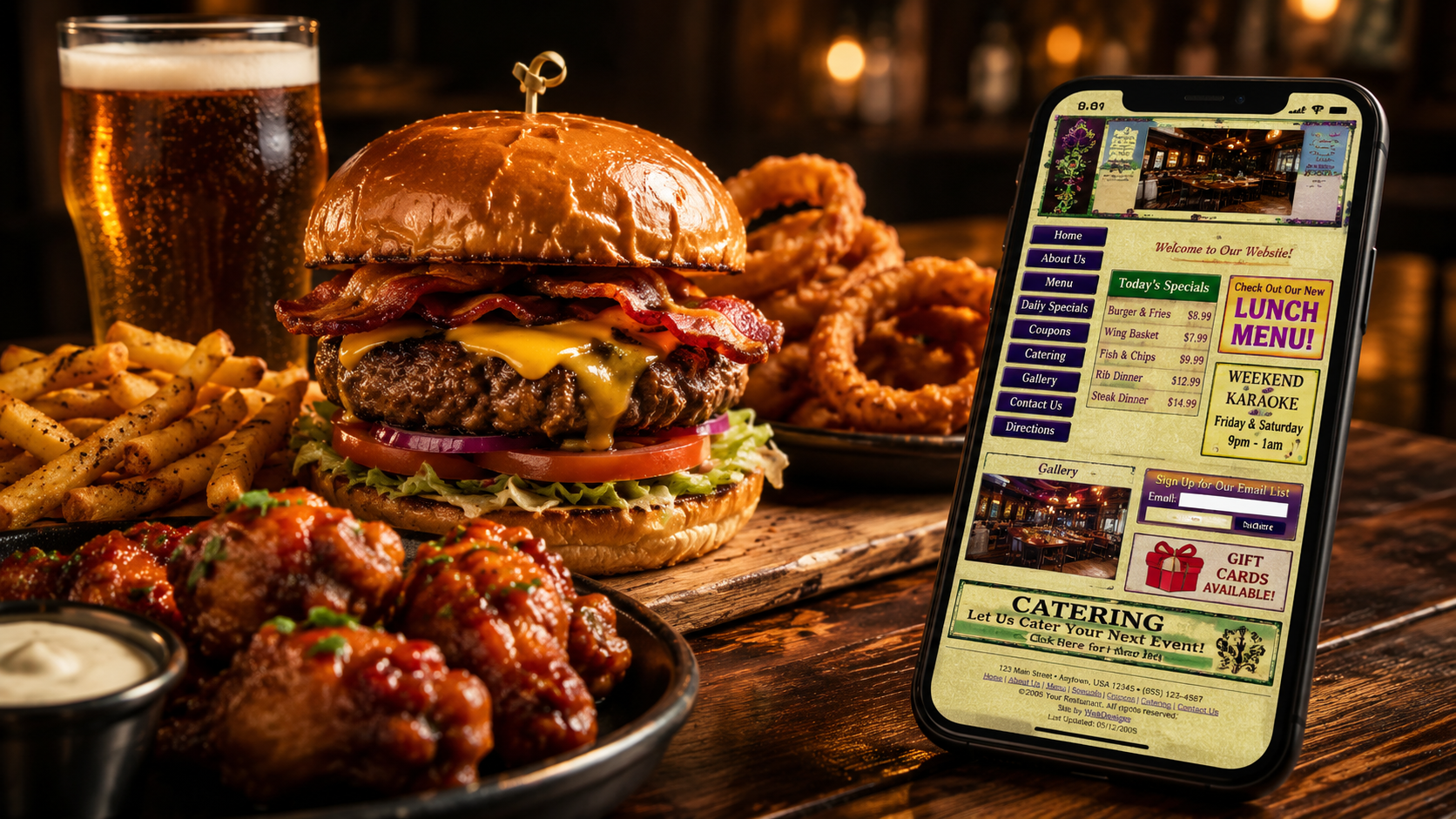 Pub food beside a phone showing an outdated restaurant website