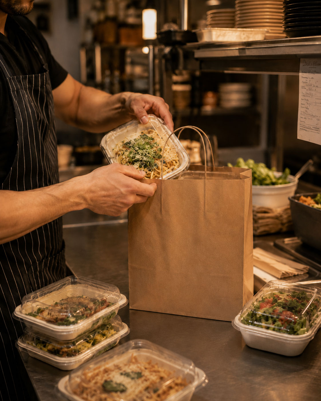 Restaurant staff packing food for an online pickup order