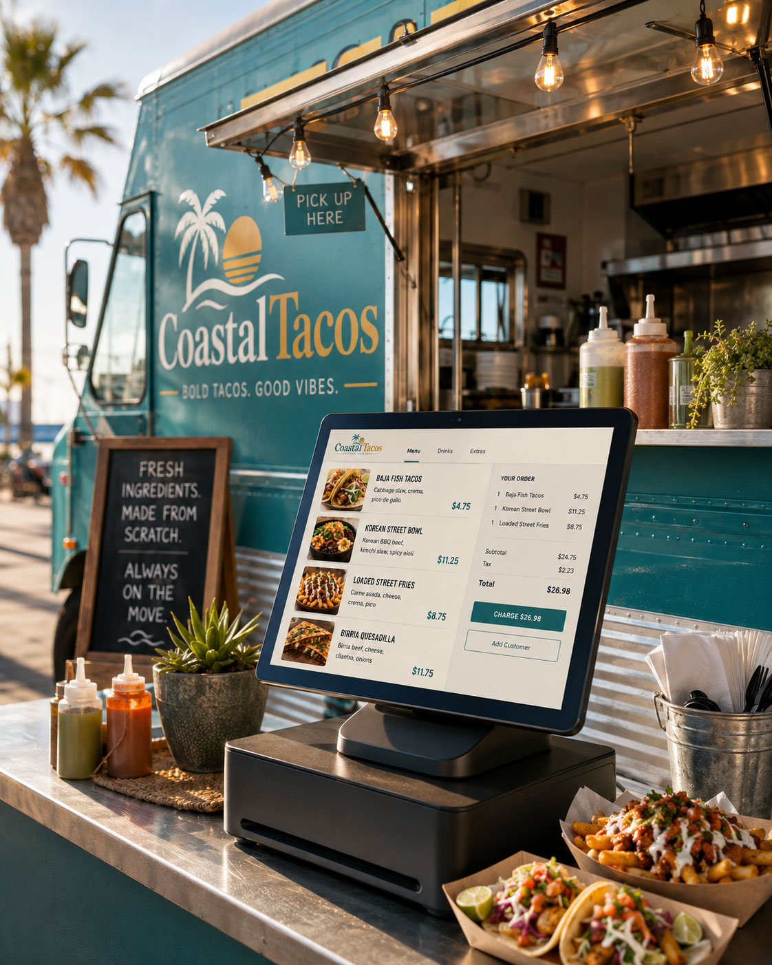 Food truck POS system displaying connected menu and ordering information
