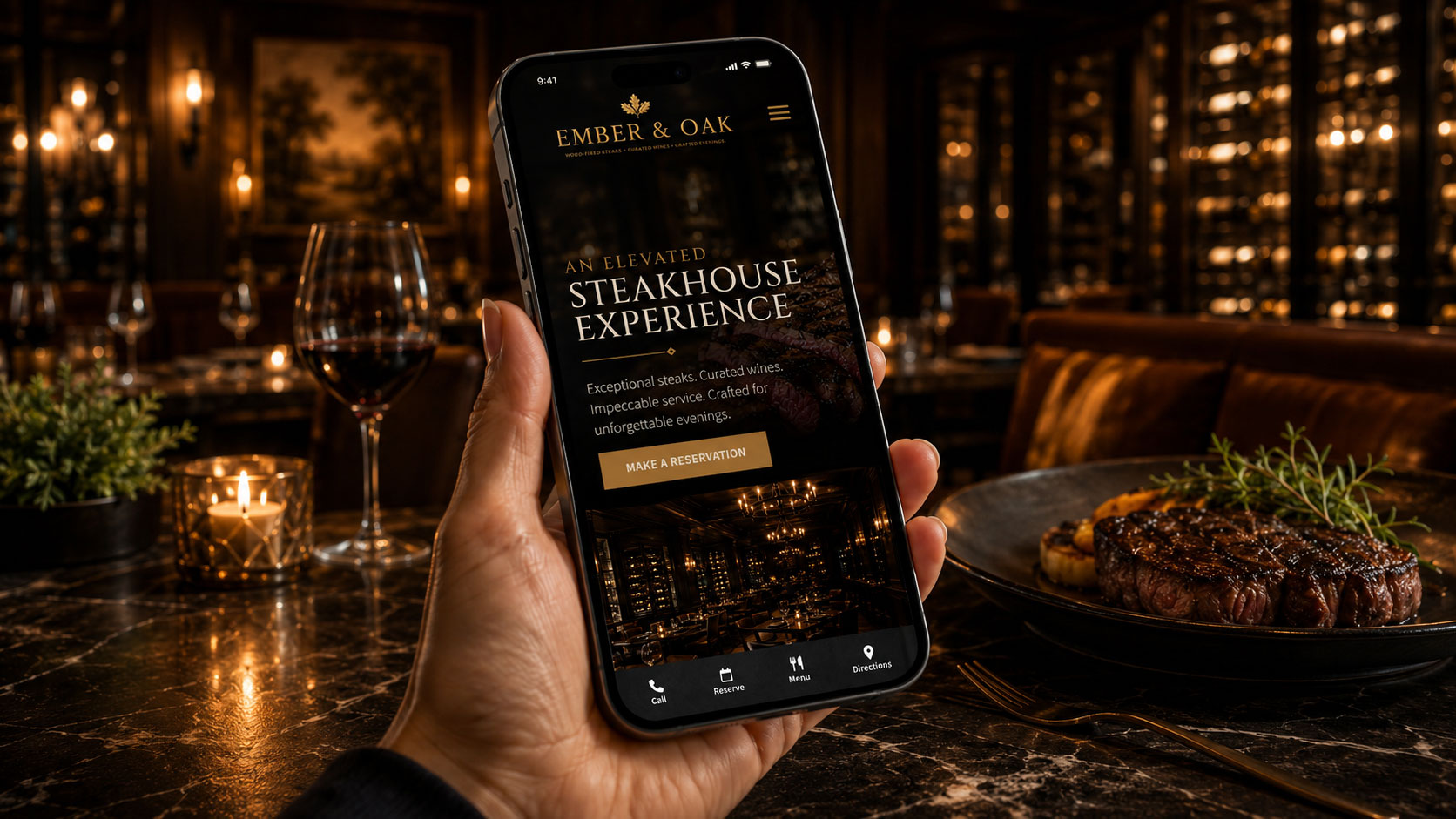 Restaurant website first impression shown on a smartphone in an upscale restaurant